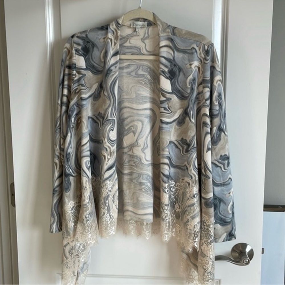Chenault Gray and Cream Cardigan with Fringe Detail